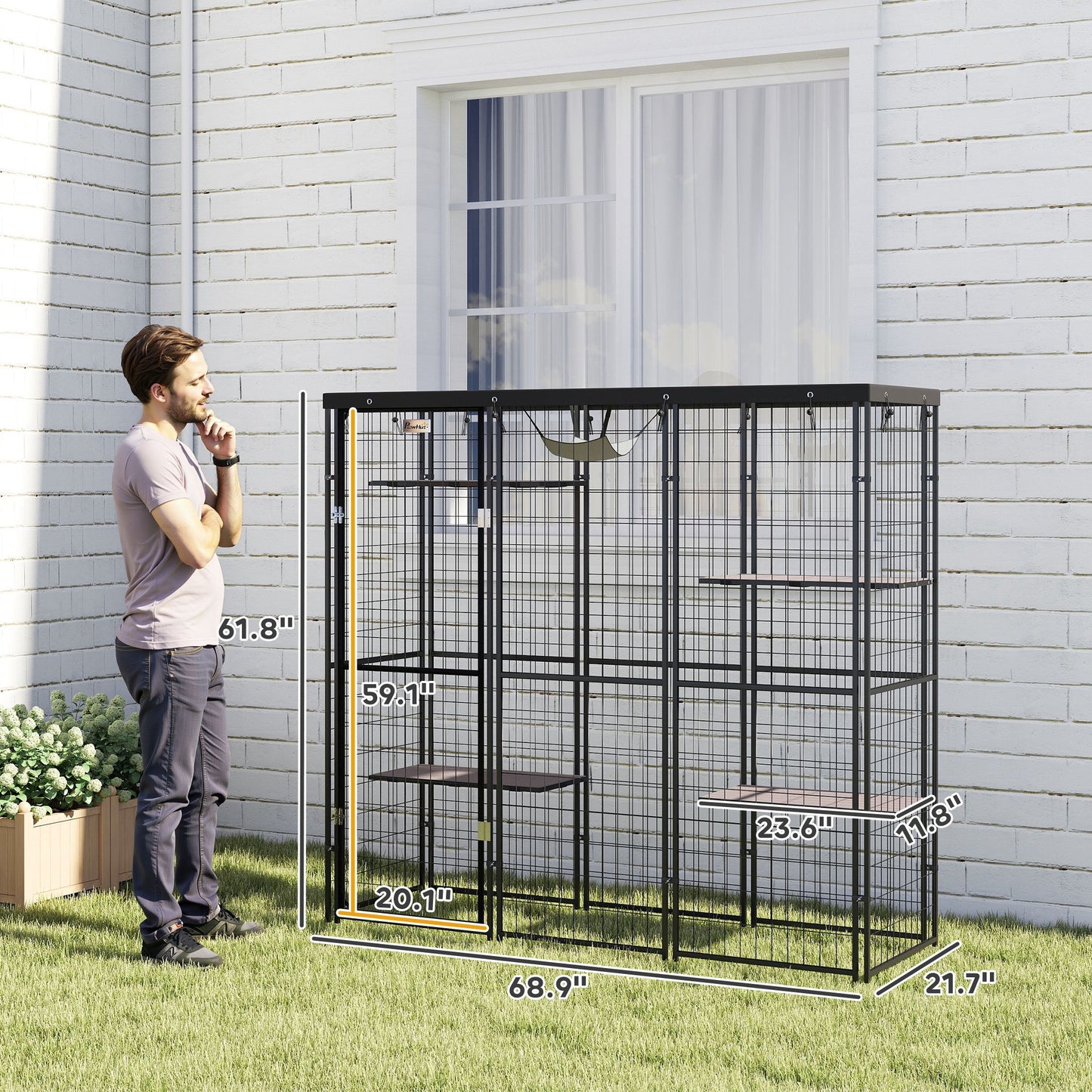 PawHut Weld Wire Catio Outdoor Indoor with Waterproof Cover, 4 Jumping Platforms, Hammock, for 1-3 Kittens, 69" x 22" x 62"