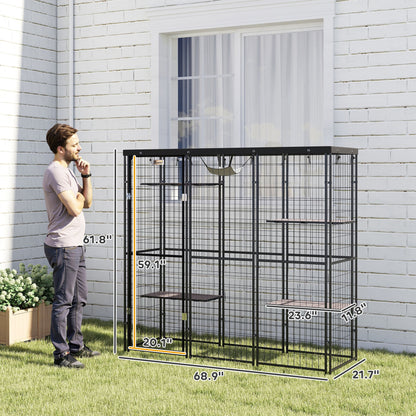 PawHut Weld Wire Catio Outdoor Indoor with Waterproof Cover, 4 Jumping Platforms, Hammock, for 1-3 Kittens, 69" x 22" x 62"