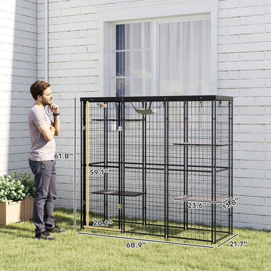 PawHut Weld Wire Catio Outdoor Indoor with Waterproof Cover, 4 Jumping Platforms, Hammock, for 1-3 Kittens, 69" x 22" x 62"