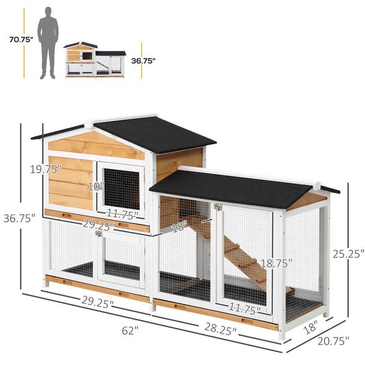 PawHut 62" Rabbit Hutch, Wooden Bunny Hutch, Guinea Pig Cage, Small Animal Enclosure with Run Area, Removable Tray, Asphalt Roof, Lockable Doors and Ramp, for Rabbits, Chickens, Ducks, Nature Wood