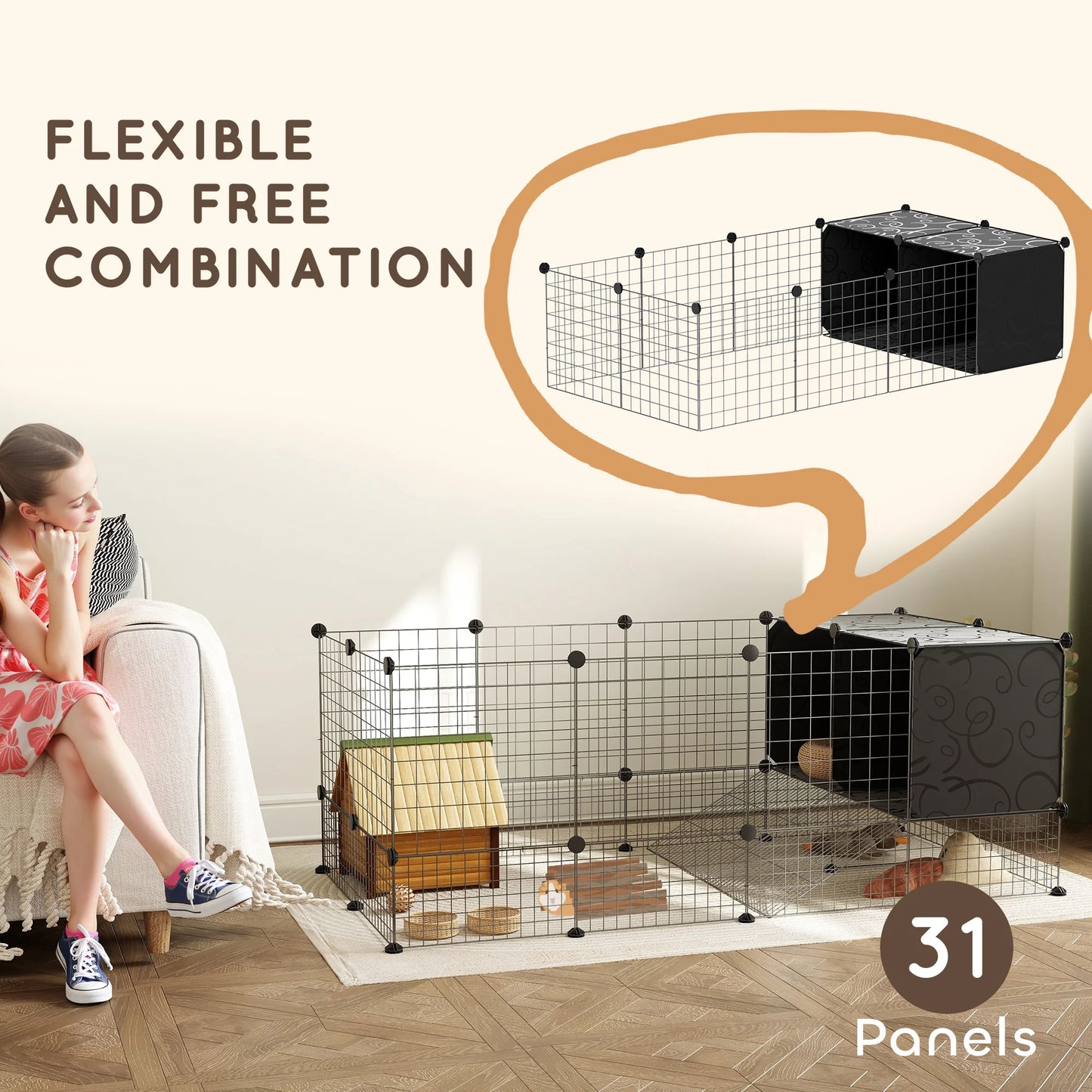PawHut DIY Small Animal Cage w/ Elevated Huts