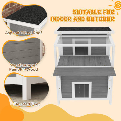 PawHut 2-Story Wooden Cat House Outdoor with Balcony, Openable Top, Escape Door, Removable Panel & Floor, for Backyard, Outside