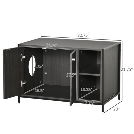 PawHut Large Wooden & Steel Cat Litter Box Enclosure, Kitten Washroom End Table, Indoor Hidden Cat House with Magnetic Doors & Storage Shelves, Black
