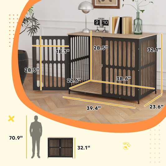 PawHut 39" Dog Crate Furniture w/ Anti-Chew Resistant Mesh, Anti-Escape Single Door, for Large Dogs, Walnut Brown