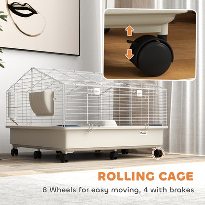 PawHut Rolling Small Animal Cage w/Water Bottle, Hay Feeder & Food Dish