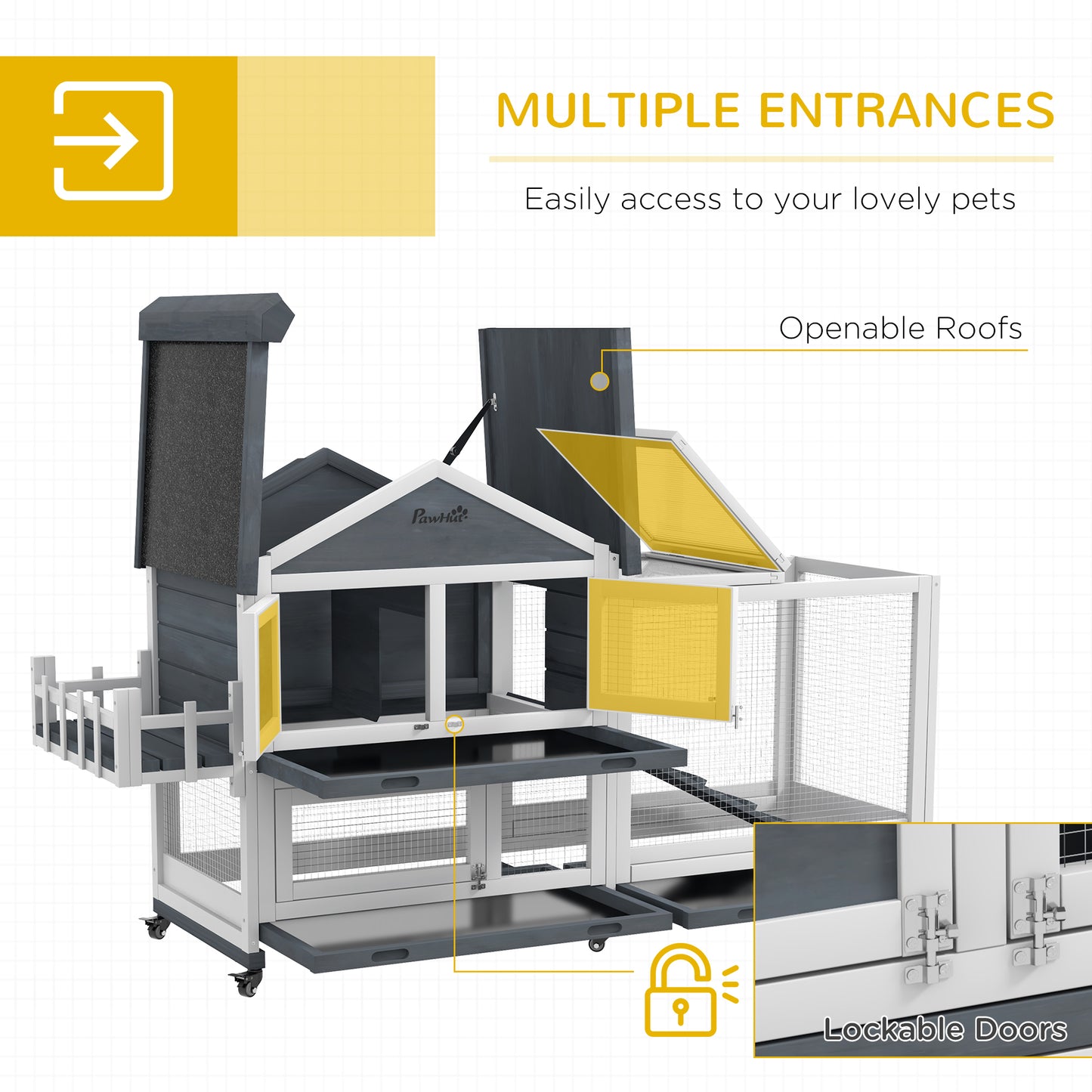 PawHut 65" Wooden Rabbit Hutch, Pet Playpen with Openable Roof & Storage Box for Rabbits and Small Animals, Gray
