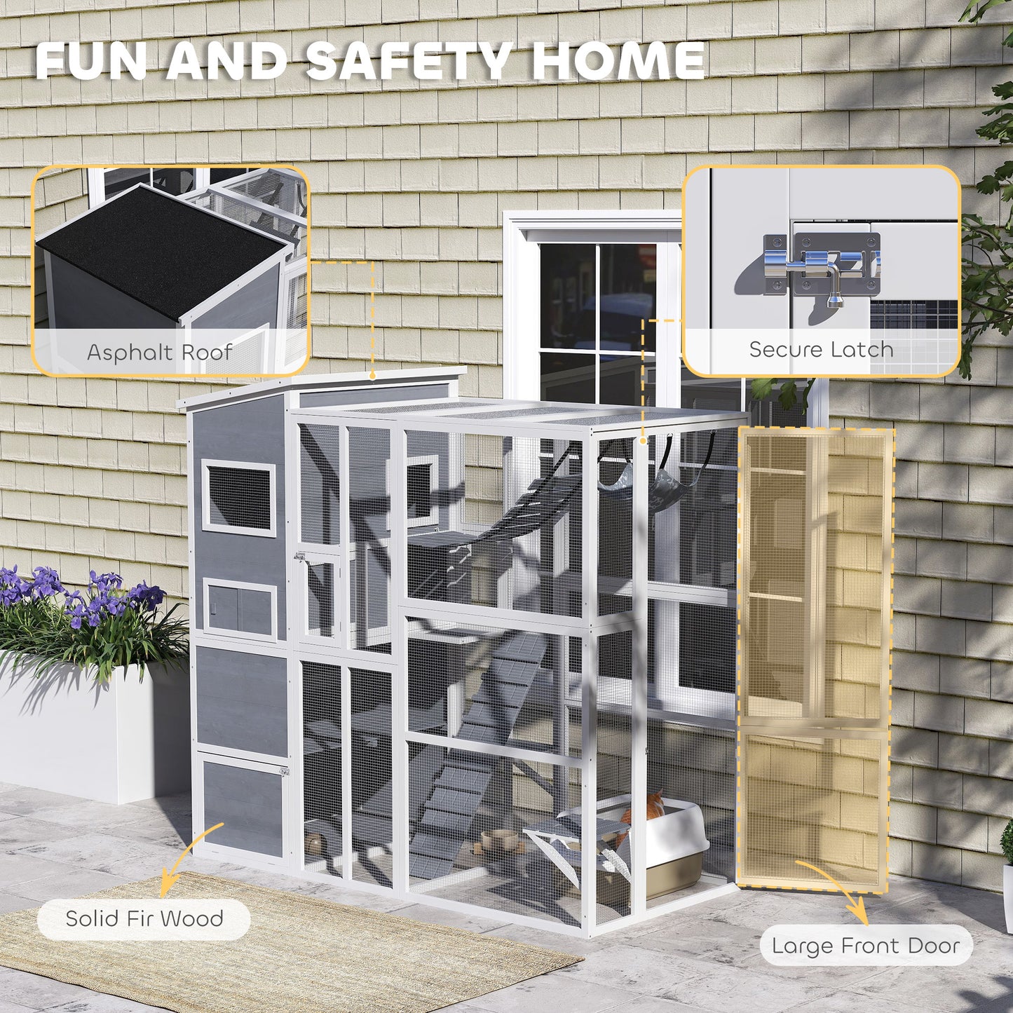 PawHut Large Wooden Catio Outdoor, Cat Enclosure w/ 4 Tier Resting Rooms, 3 Platforms, 1 Soft Ladder, 2 Ramps, 1 Hammock, Gray
