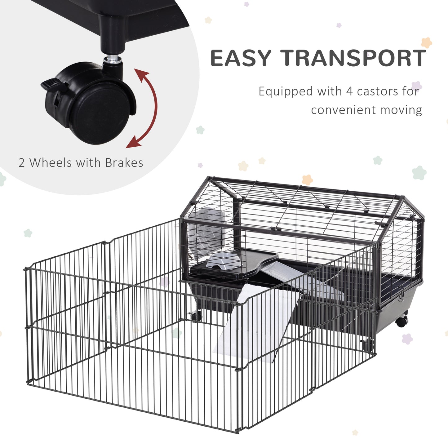 PawHut Rolling Metal Rabbit, Guinea Pig, or Small Animal Hutch Cage with Main House and Run