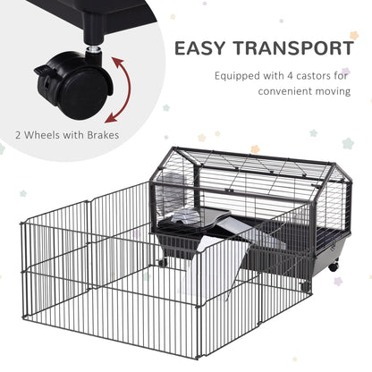 PawHut Rolling Metal Rabbit, Guinea Pig, or Small Animal Hutch Cage with Main House and Run