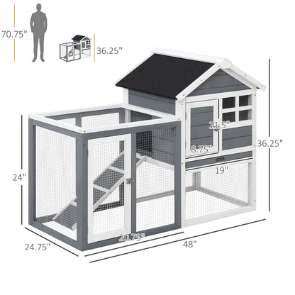PawHut Indoor Rabbit Enclosure, 48" Weatherproof Wooden Rabbit Hutch, with Slanted Asphalt Roof & Fun Outdoor Run for Bunnies & Ferrets - Gray