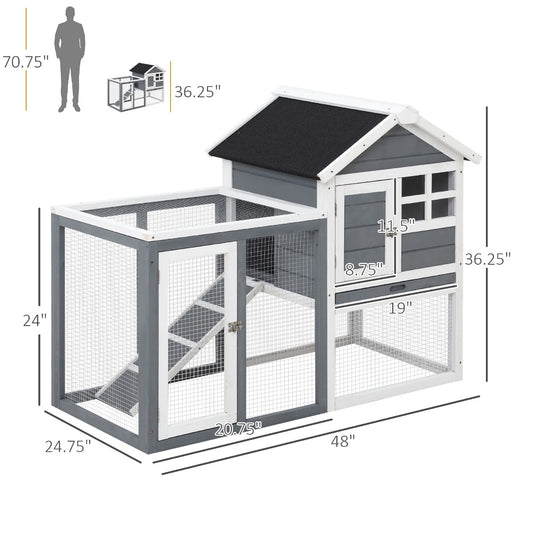 PawHut Indoor Rabbit Enclosure, 48" Weatherproof Wooden Rabbit Hutch, with Slanted Asphalt Roof & Fun Outdoor Run for Bunnies & Ferrets - Gray