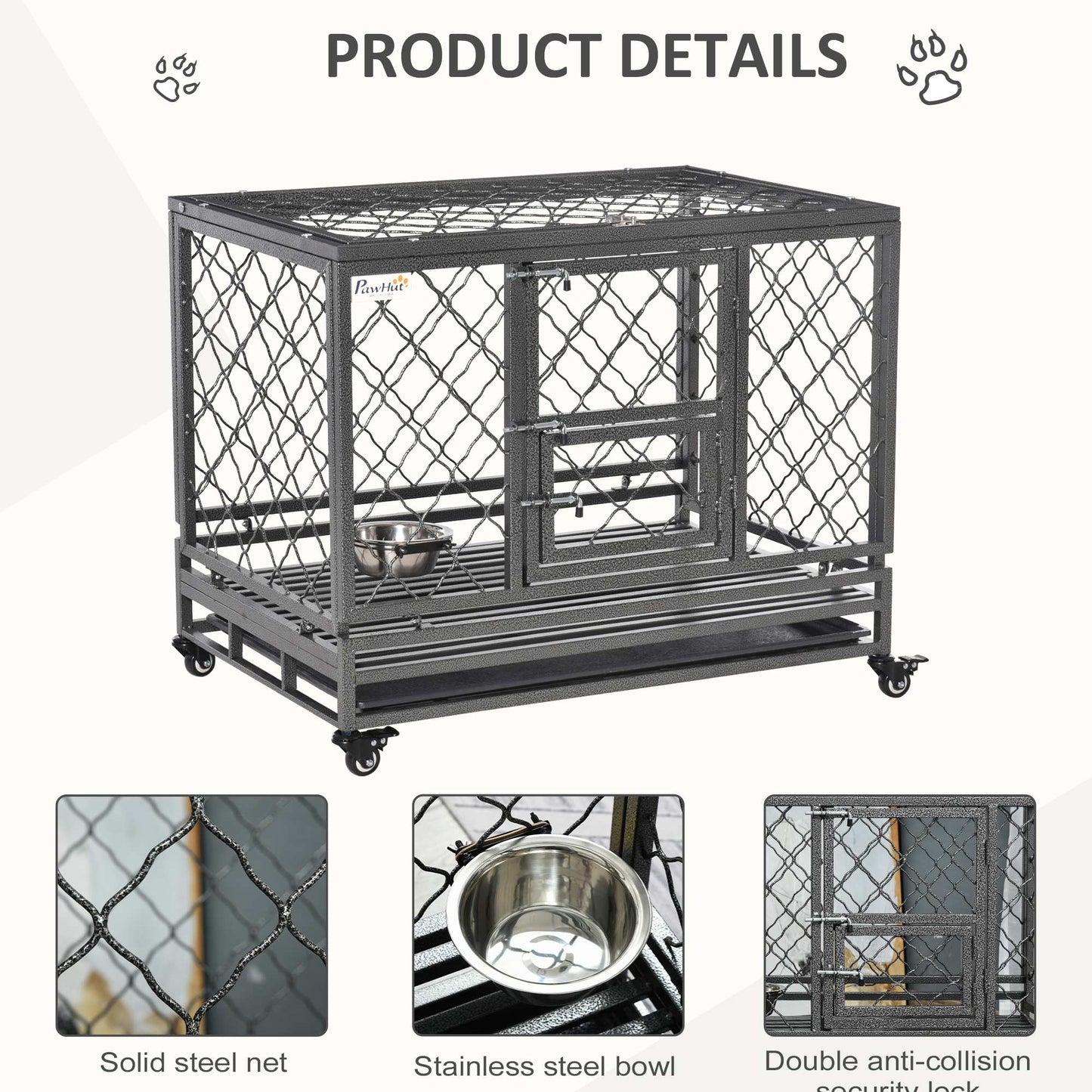 PawHut Heavy Duty Dog Crate, Metal Dog Cage Kennel with Lockable Wheels, Slide-Out Tray, Food Bowl and Double Doors, 36.5"