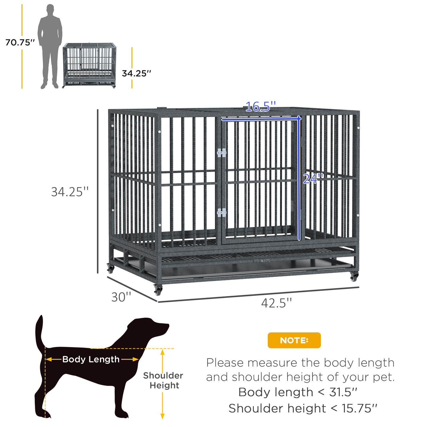 PawHut 43" Heavy Duty Dog Crate Metal Cage Kennel with Lockable Wheels, Double Door and Removable Tray, Gray