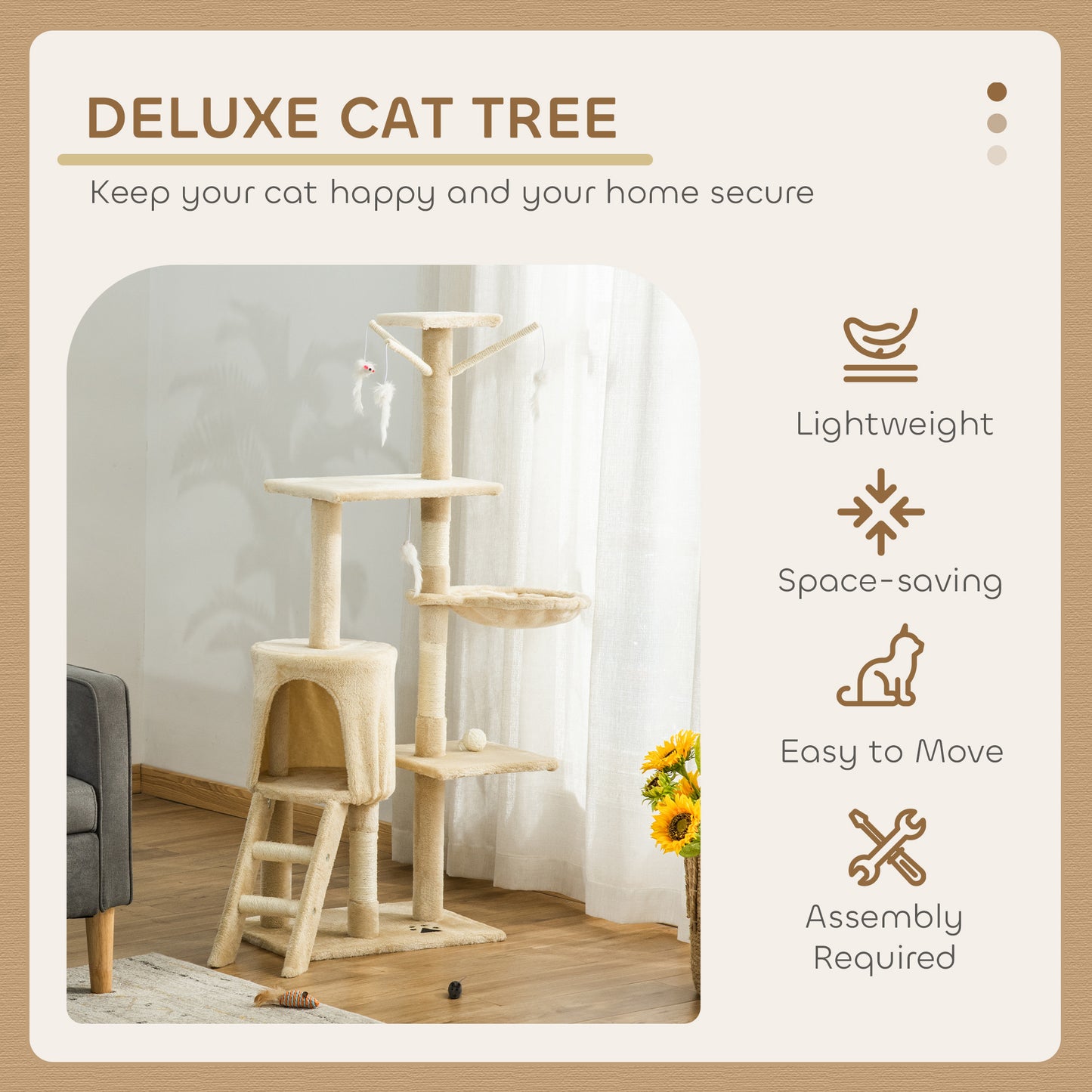 PawHut 53" Plush Sturdy Interactive Cat Condo Tower Scratching Post Activity Tree House - Beige