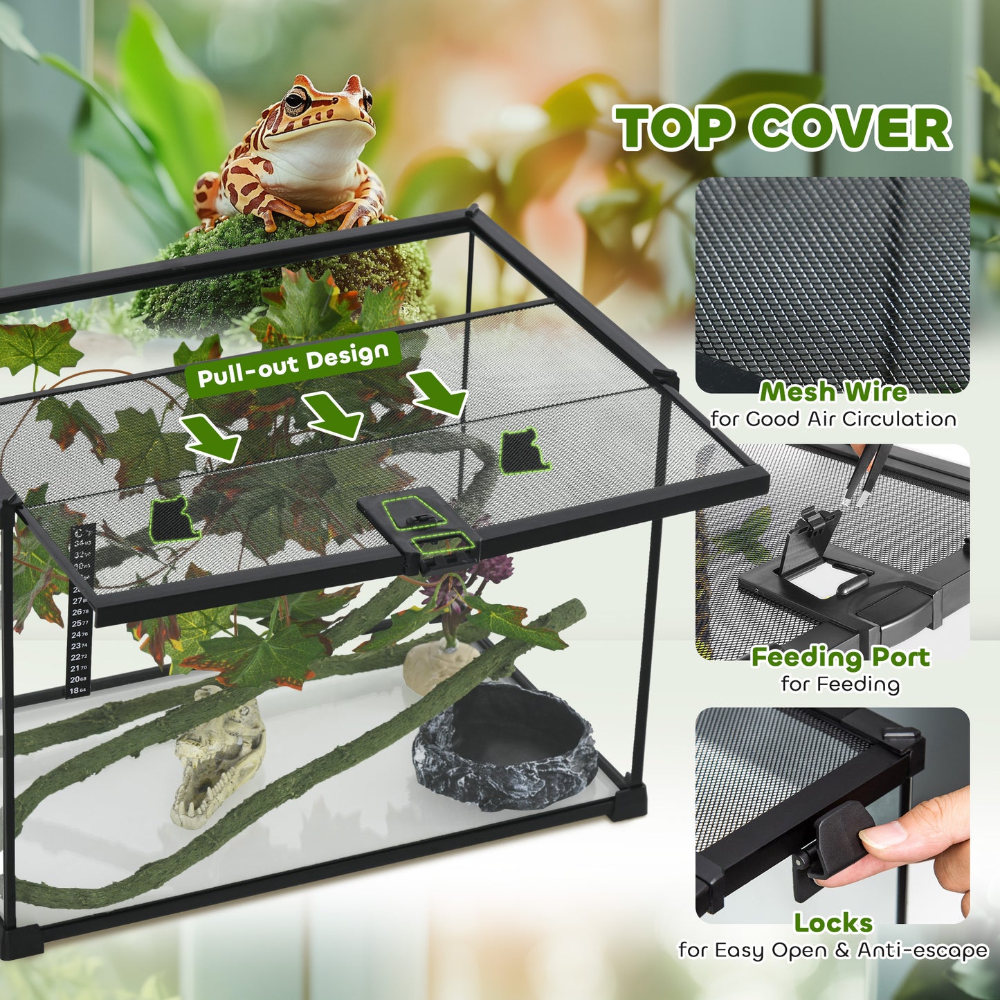 PawHut 14 Gallon Glass Reptile Terrarium Tank, Box Full View with Sliding Screen Top, 20" x 12" x 14", Black