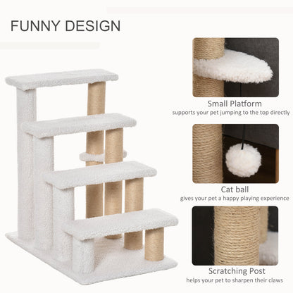 PawHut 4 Levels Cat Steps with Scratching Posts for High Bed, Sofa, White