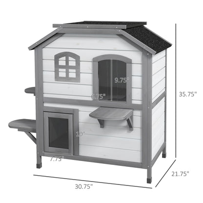 PawHut 2-story Cat House Outdoor, Weatherproof Wooden Cat Enclosure for Feral Cats with Escape Door, Openable Roof, Jumping Platforms, White