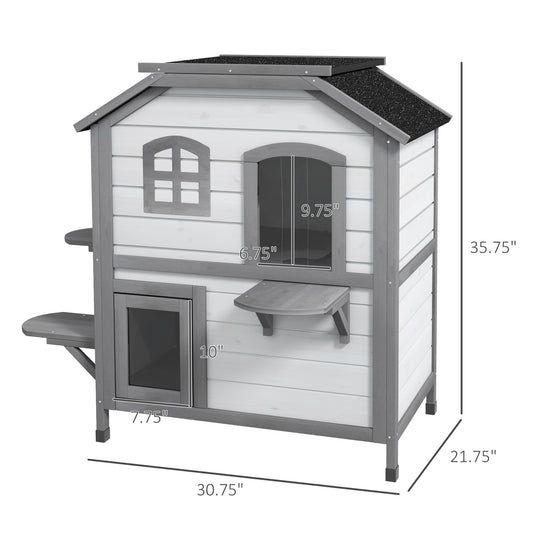 PawHut 2-story Cat House Outdoor, Weatherproof Wooden Cat Enclosure for Feral Cats with Escape Door, Openable Roof, Jumping Platforms, White