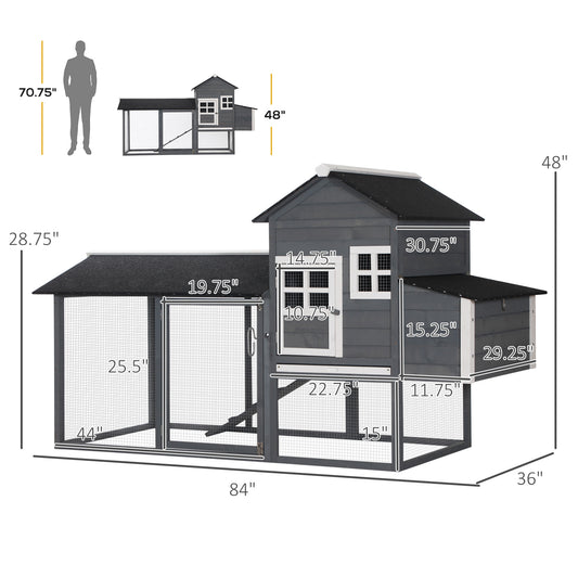 PawHut 84" Wooden Chicken Coop, Hen House Outdoor with Run Nesting Box, Asphalt Roof, Removable Tray, Ramp, Poultry Cage for 2-3 Chickens, Gray