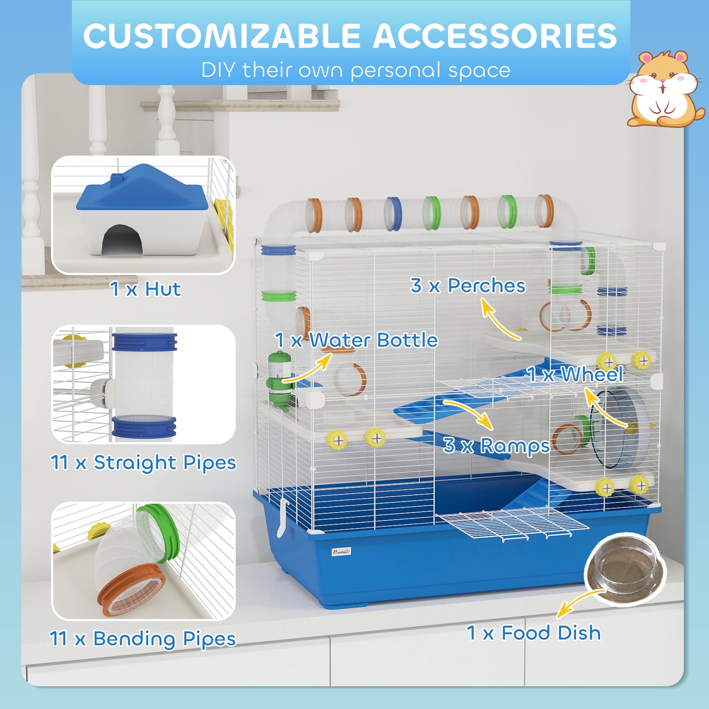 PawHut 4 Tier Hamster Cage with Tunnel Tube System, Hut, Exercise Wheel, Water Bottle, Food Dish, for Syrian, Gerbil, Blue