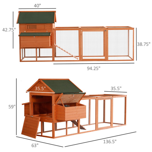 PawHut 136.5" Chicken Coop Wooden Large Chicken House Deluxe Rabbit Hutch Lockable Poultry Hen Cage Backyard with Nesting Box and Run