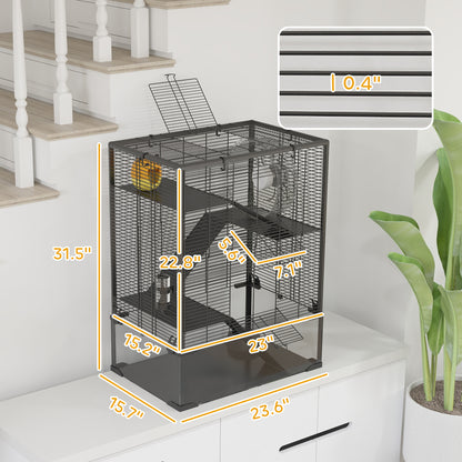 PawHut 4 Tier Hamster Cage with Deep Tempered Glass Bottom, Running Wheel, Hut, Water Bottle, Food Dish, 24" x 16" x 31.5"