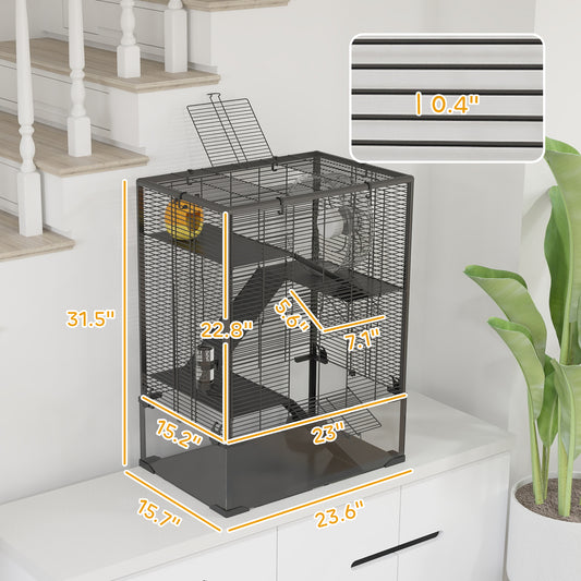 PawHut 4 Tier Hamster Cage with Deep Tempered Glass Bottom, Running Wheel, Hut, Water Bottle, Food Dish, 24" x 16" x 31.5"