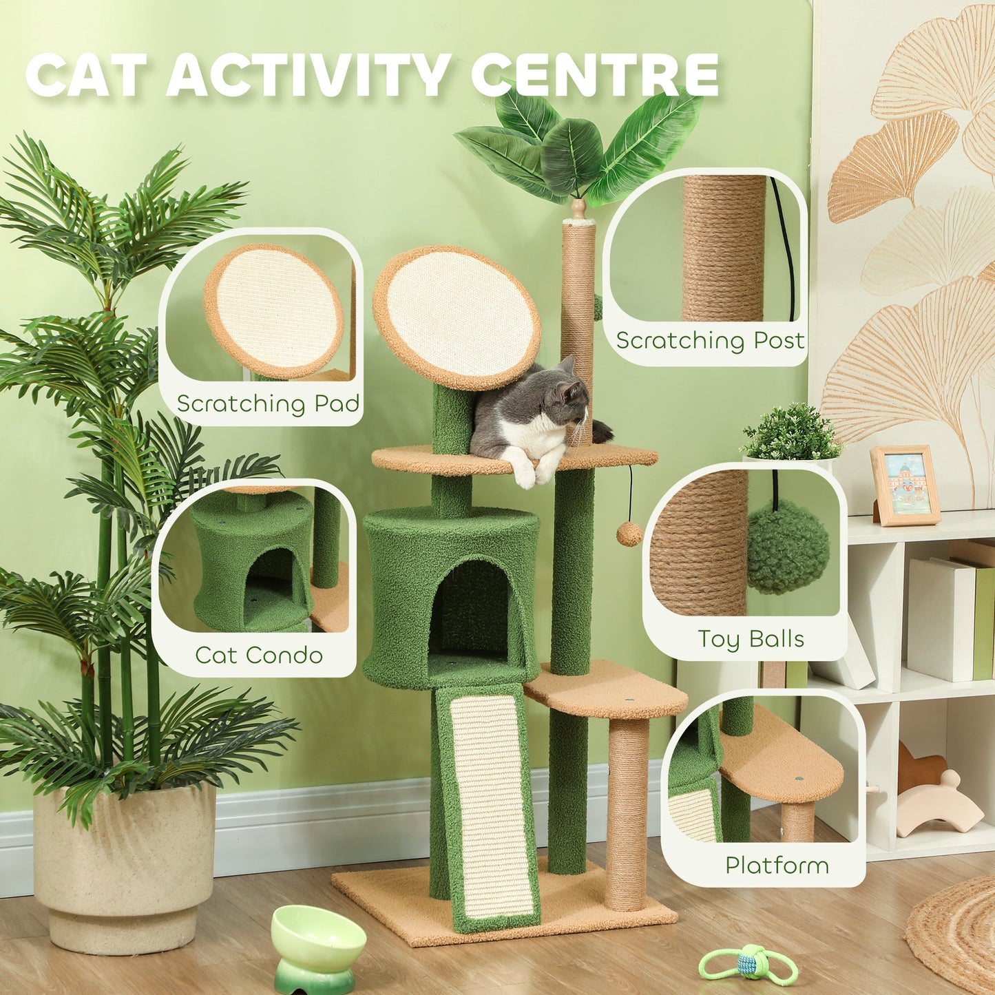 PawHut 55-Inch Cat Tree for Indoor Cat with Green Leaves, Scratching Posts, Cat Condo, Scratching Pad, Ramp, Dangling Balls