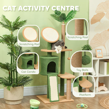 PawHut 55-Inch Cat Tree for Indoor Cat with Green Leaves, Scratching Posts, Cat Condo, Scratching Pad, Ramp, Dangling Balls