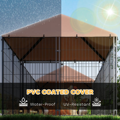 PawHut Large Outdoor Dog Kennel with 2 Rooms, Rotating & Adjustable Height Bowls, Waterproof & UV-Resistant Canopy
