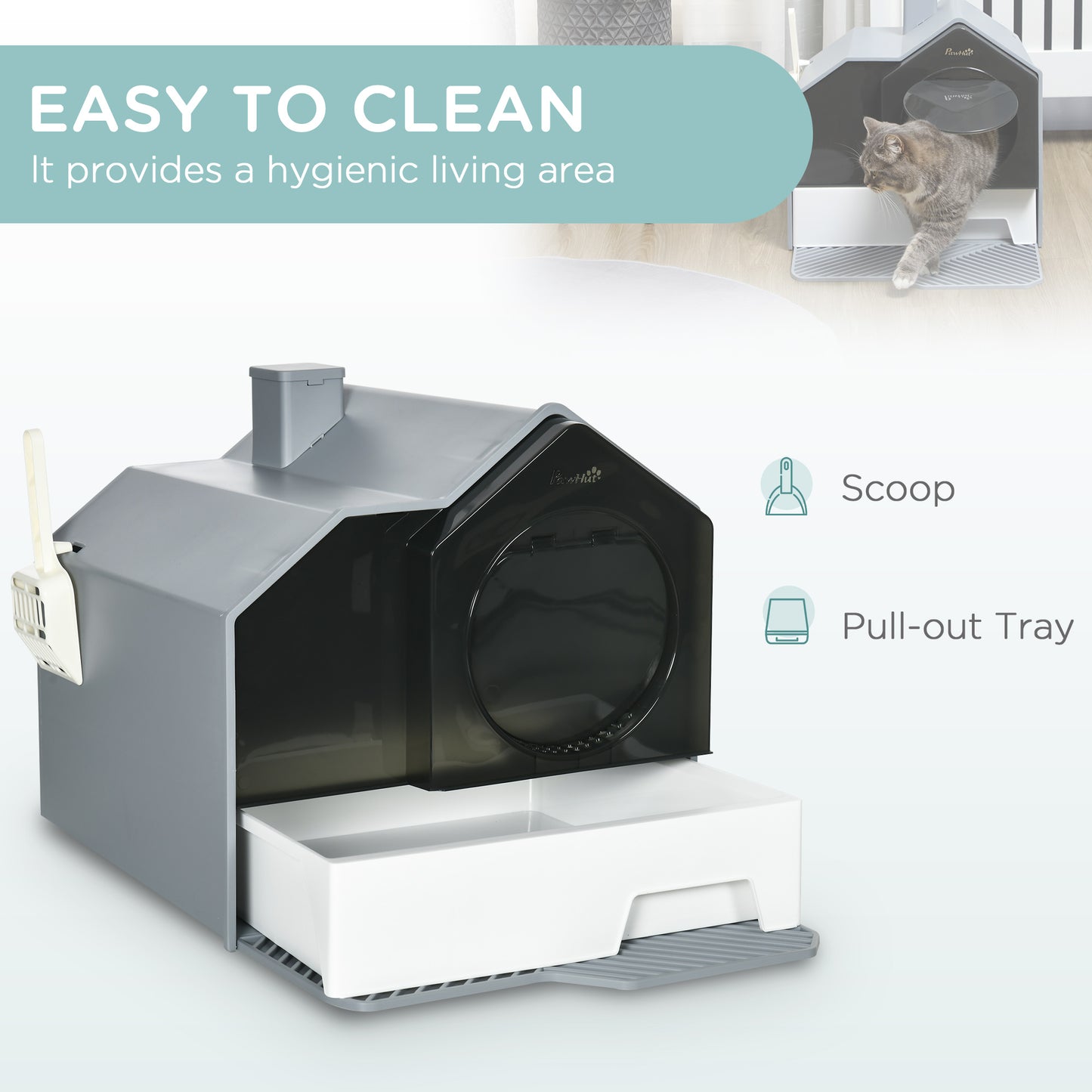 PawHut Hooded Cat Litter Box w/ Litter Mat, Litter Particle Catching, Gray