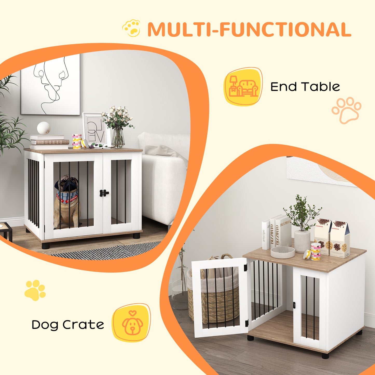 PawHut Dog Kennel Furniture Side End Table Indoor with Lockable Door, for Small and Medium Dogs, Walnut Brown