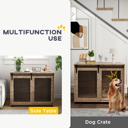 PawHut 39" Dog Crate Furniture, Dog Kennel Furniture End Table with Sliding Barn Door for Large Dogs, Walnut Brown