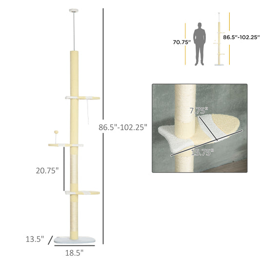 PawHut 4-Tier Floor to Ceiling Cat Tree Height Adjustable 87 -103 Inch