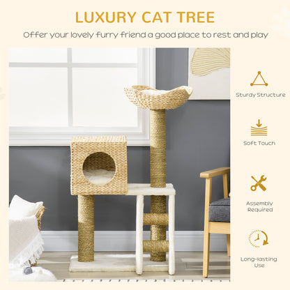 PawHut Cattail Weave Cat Tree for Indoor Cats Kitty Tower with Rattan Cat Condo, Wicker Bed, Ladder, Washable Cushions, 22.5" x 14.5" x 39.5", Natural