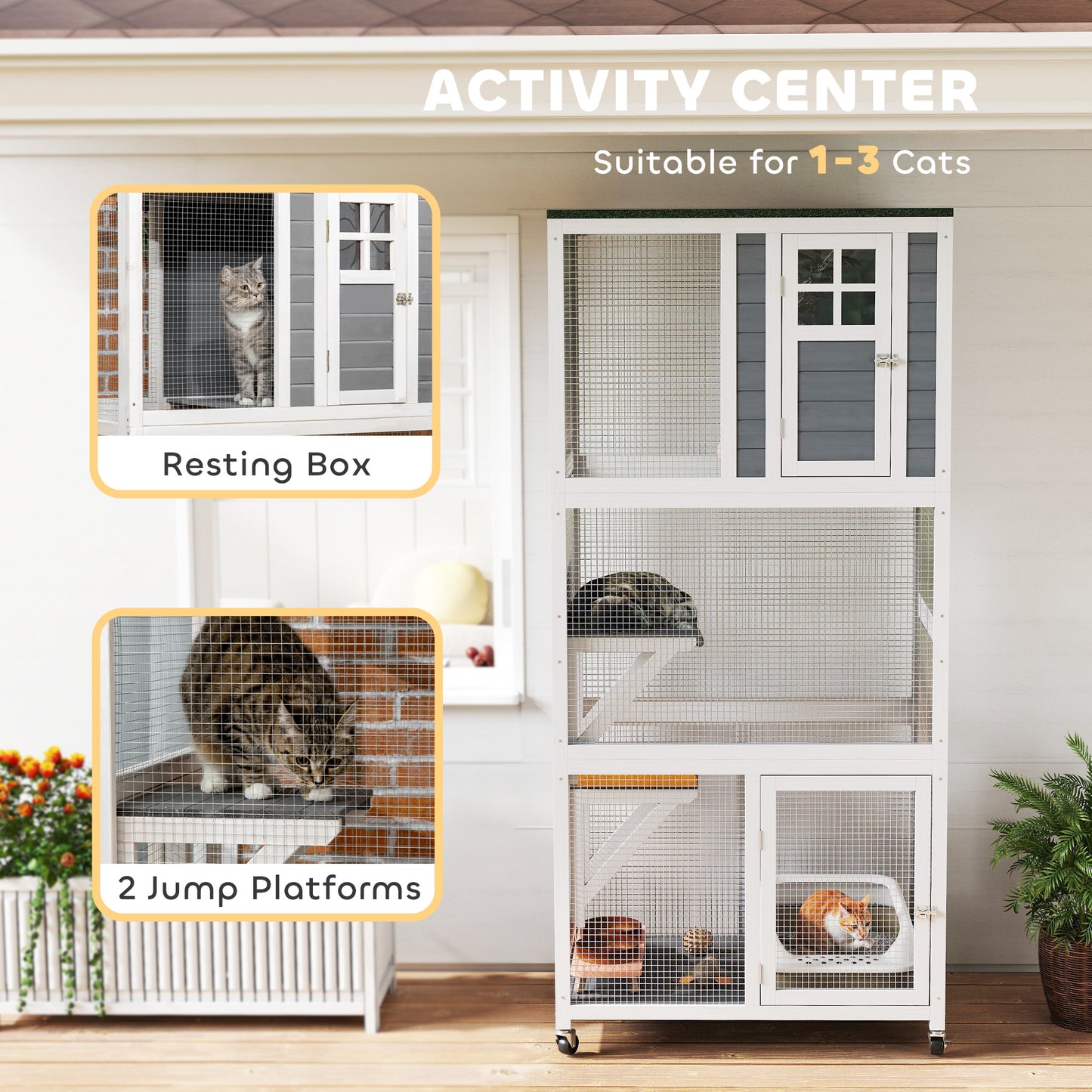 PawHut 74" Wooden Catio Outdoor Cat Enclosure Weatherproof & Wheeled, Outside Cat House with High Weight Capacity, Kitten Cage Condo, White