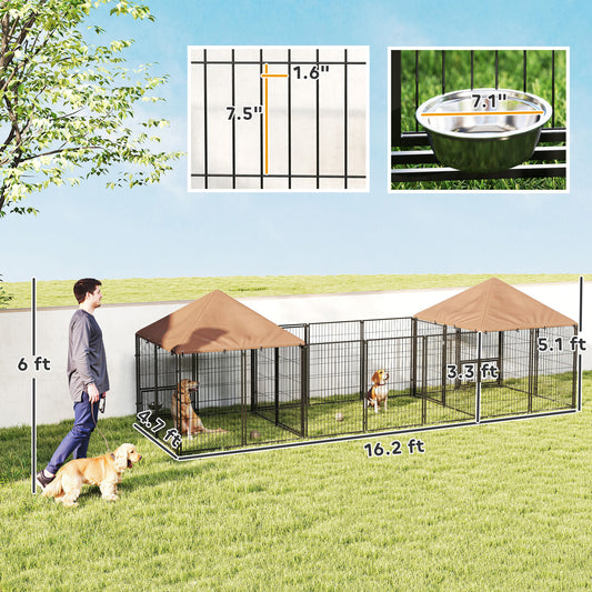 PawHut Large Outdoor Dog Kennel with 2 Rooms, Rotating & Adjustable Height Bowls, Waterproof & UV-Resistant Canopy