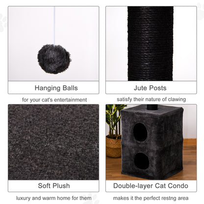 PawHut Cat Tree Floor to Ceiling Condo w/ Jute Scratching Post Dangling Ball Adjustable 86.5" H -96.5" H, Grey