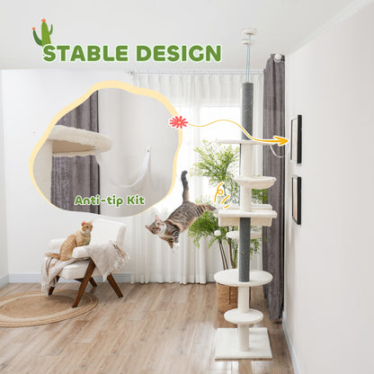 PawHut 89"- 100" Floor to Ceiling Cat Tree with Scratching Posts, Hammock, Perches & Toy Balls, White