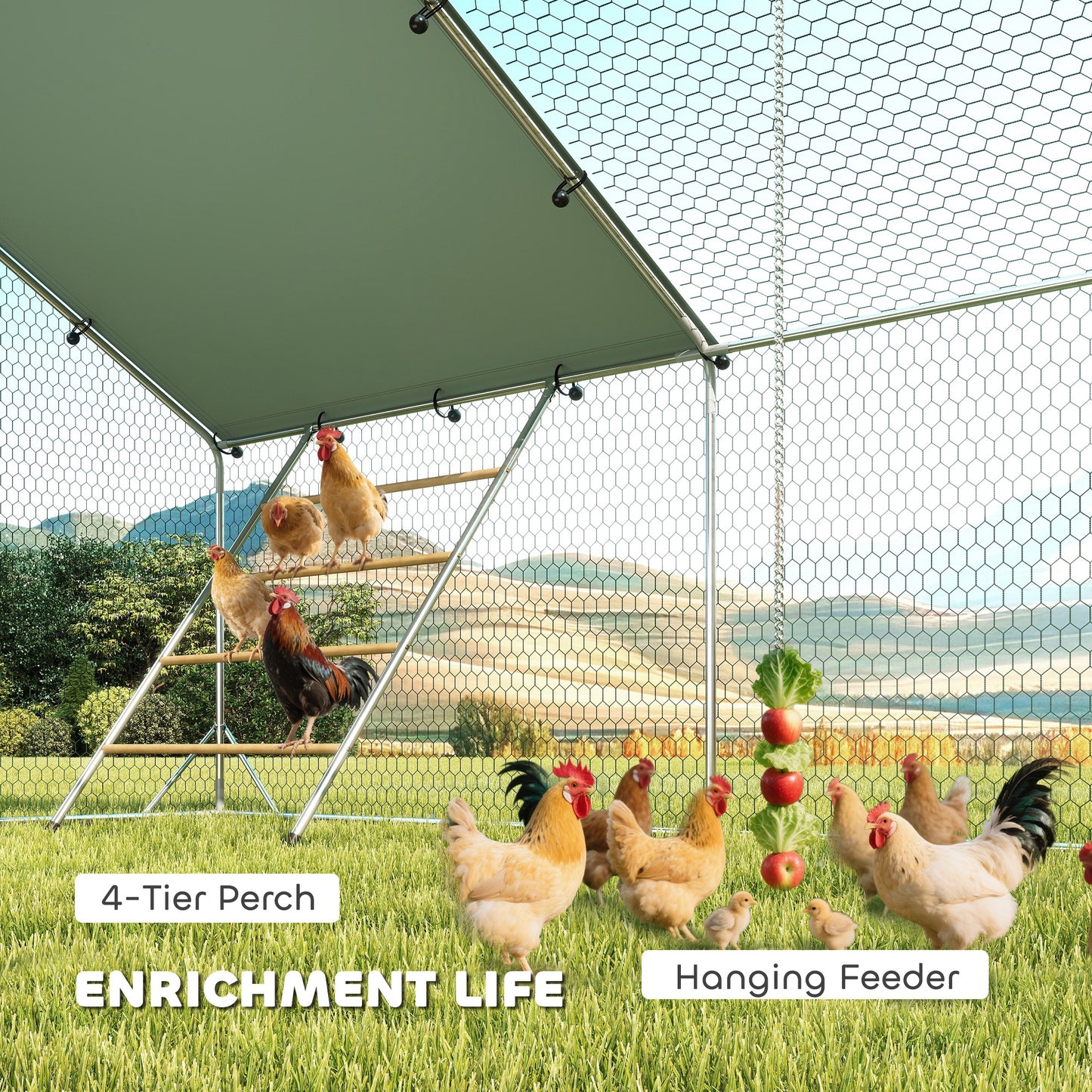 PawHut Metal Chicken Run w/ Waterproof & Anti-UV Cover, Feeding Door, Hanging Feeder, for 18-24 Chickens, 9.8' x 19.7' x 6.4'