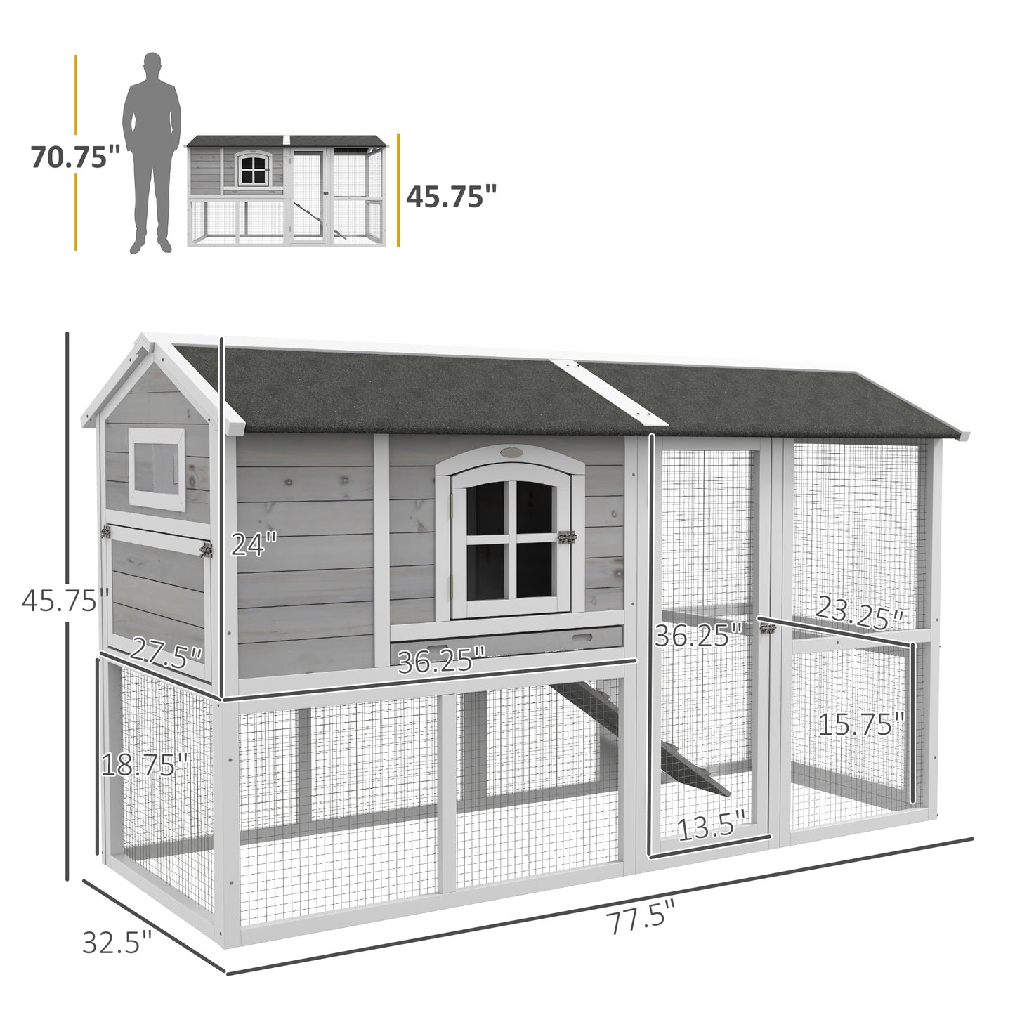 PawHut Wooden Chicken Coop with Run for 3 - 4 Chickens, Hen House with Nesting Box, Removable Tray, Outdoor Poultry Cage, 77.5" x 32.5" x 46", Light Gray