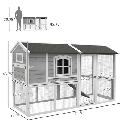 PawHut Wooden Chicken Coop with Run for 3 - 4 Chickens, Hen House with Nesting Box, Removable Tray, Outdoor Poultry Cage, 77.5" x 32.5" x 46", Light Gray