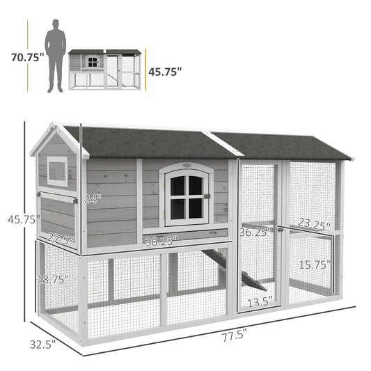 PawHut Wooden Chicken Coop with Run for 3 - 4 Chickens, Hen House with Nesting Box, Removable Tray, Outdoor Poultry Cage, 77.5" x 32.5" x 46", Light Gray