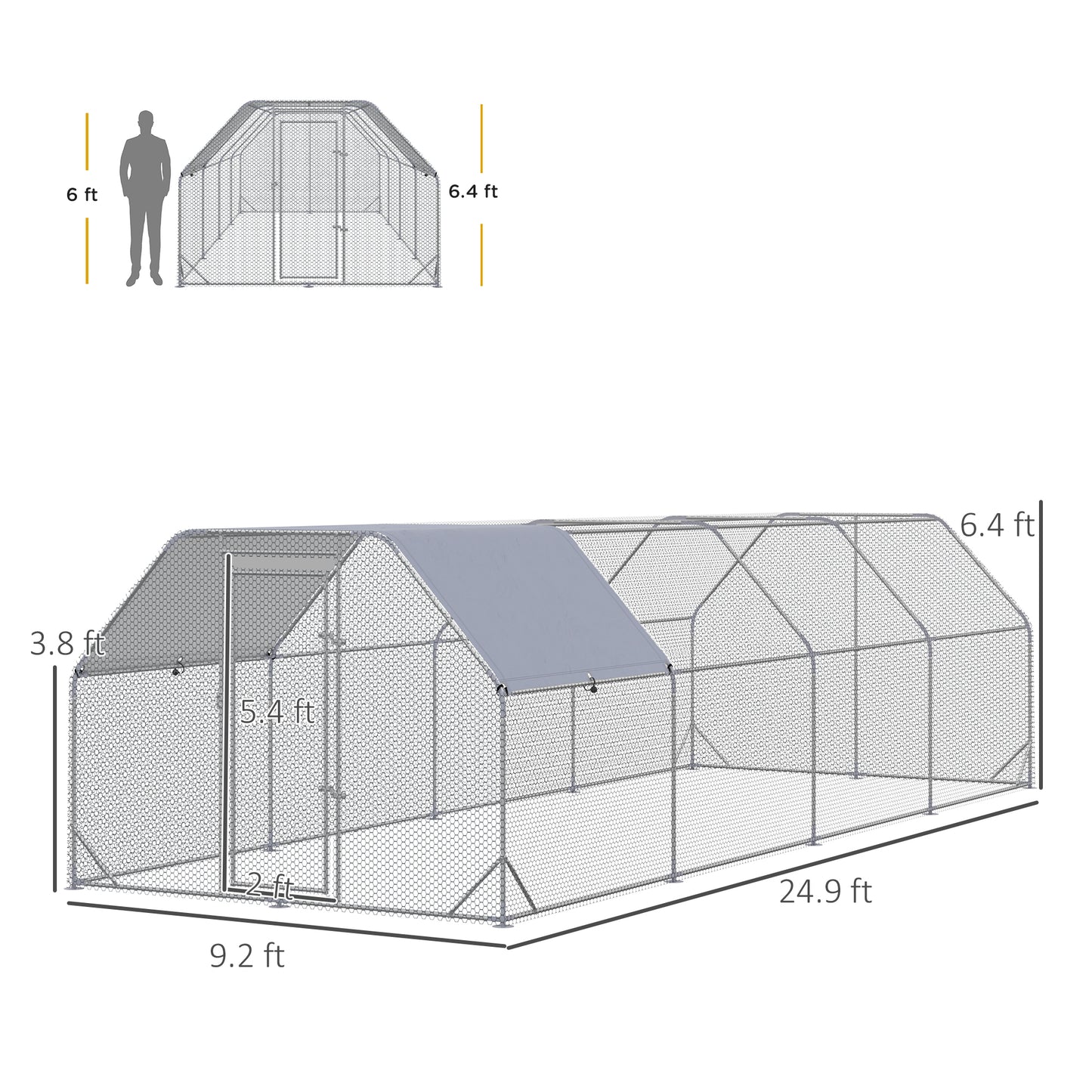 PawHut Large Chicken Coop Metal Chicken Run with Waterproof and Anti-UV Cover, Flat Shaped Walk in Fence Cage Hen House for Outdoor and Yard Farm Use, 1" Tube Diameter, 9.2' x 24.9' x 6.4'