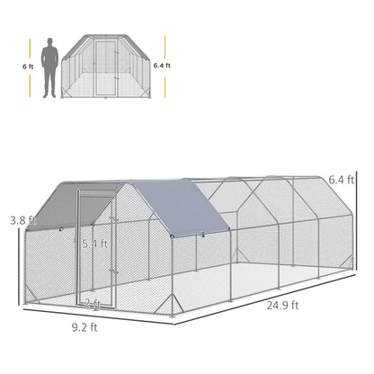 PawHut Large Chicken Coop Metal Chicken Run with Waterproof and Anti-UV Cover, Flat Shaped Walk in Fence Cage Hen House for Outdoor and Yard Farm Use, 1" Tube Diameter, 9.2' x 24.9' x 6.4'