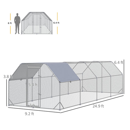 PawHut Large Chicken Coop Metal Chicken Run with Waterproof and Anti-UV Cover, Flat Shaped Walk in Fence Cage Hen House for Outdoor and Yard Farm Use, 1" Tube Diameter, 9.2' x 24.9' x 6.4'