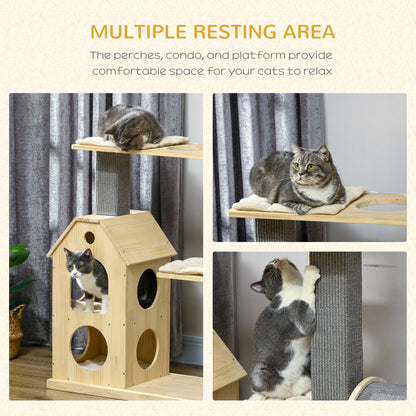 PawHut Cat Tree for Indoor Cats with Scratching Posts, Double-Layer House, 32" x 16" x 53", Natural