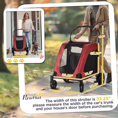 PawHut Dog Stroller for Medium and Large Dogs, 4 Wheels Folding Pet Cat Stroller With Universal Wheels, Storage Basket, safety leash, Red