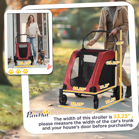 PawHut Dog Stroller for Medium and Large Dogs, 4 Wheels Folding Pet Cat Stroller With Universal Wheels, Storage Basket, safety leash, Red