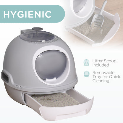 PawHut Cat Litter Box Toilet with Lid, Covered Litter Box with Scoop, Enclosed Drawer, and Skylight, Gray